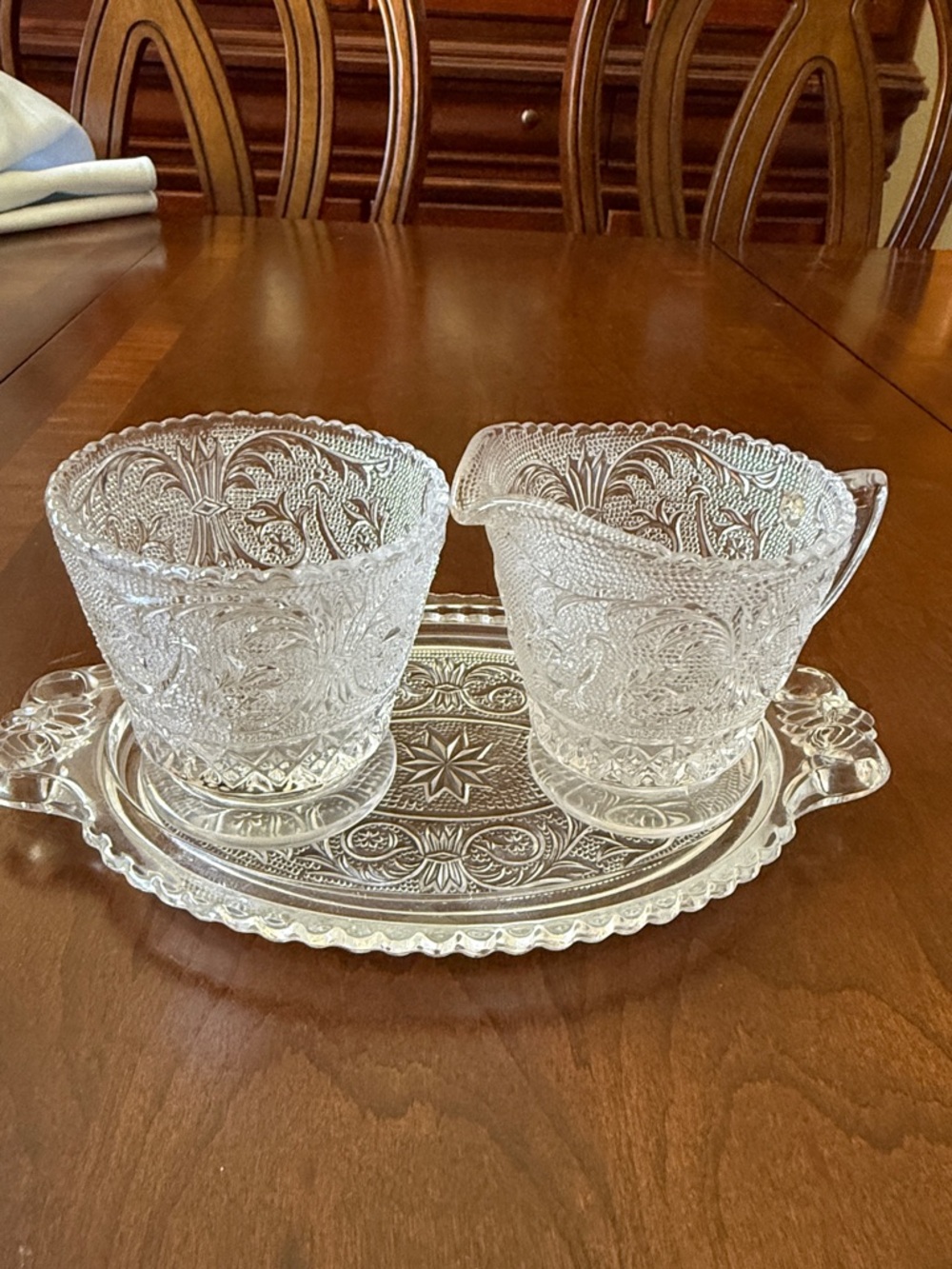 Duncan Miller sandwich pattern clear Glass Creamer, Sugar bowl  & tray Set